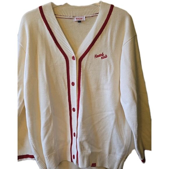 Heart Club Vtg Letterman Cardigan Sweater White Red Rydell Retro Button Up Men M - Picture 1 of 10